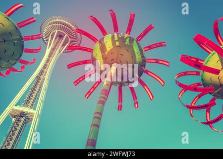 SEATTLE, WA - JULY 28, 2017: Built for the 1962 World’s Fair, Seattle’s iconic Space Needle is one of the most recognizable landmarks in the world see Stock Photo