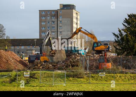 1st February 2024, Mainway Lancaster, United Kingdom, Work has started on the Demolition of the former Skerton Community High School as part of the redevelopment of the Main way council estate in Lancaster. The school which closed in 2014, is to be replaced 134 social homes will be built on the site ahead of the wider development of the Mainway estate for which a planning application is expected later this year ahead. The Redevelopment work will involve the demolition of two eleven storey tower blocks Bridge and Skerton Houses and the 8-storey block Park House which were built in 1960 and ref Stock Photo