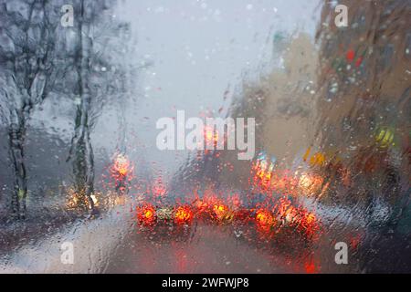 Poor visibility through the windshield in rain and snow, Munich, Bavaria, Germany, Europe Stock Photo