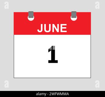 June first, Calendar icon Red and white, calender vector, date icon symbol, Schedule icon, Stock Vector