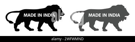 Made in India sticker icon with lion silhouette. Made in India symbol icon set for Indian products and industrial usage. Made in India lion icon. Stock Vector