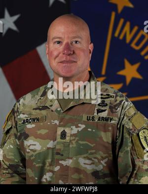 Command Sgt. Maj. Joshua Brown, of Greenwood, poses for his command photo, Tuesday, Jan. 3, 2024. Brown, who began his military career in 1997, most recently helped lead the 76th Infantry Brigade Combat Team to Kosovo in support of Operation Joint Guardian during a nine-month deployment in the Balkans. 'I am humbled by and grateful for this leadership opportunity,' said Brown, who will be the Indiana National Guard's 8th state command sergeant major. 'I will strive to positively impact the daily lives of soldiers and airmen, as well as significantly advance the priorities of Maj. Gen. Lyles.' Stock Photo