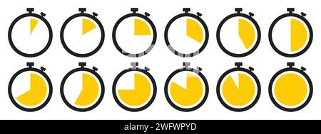 Stopwatch icon set in yellow color. Stopwatch symbol set. Collection of timer icon set in yellow color on white background. Countdown clock stopwatch. Stock Vector