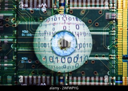 FOTOMONTAGE, Künstliches Auge mit Binärcode liegt auf Computerplatine, Symbolfoto künstliche Intelligenz, Deep Learning *** FOTOMONTAGE, Artificial eye with binary code on computer board, symbol photo artificial intelligence, deep learning Stock Photo
