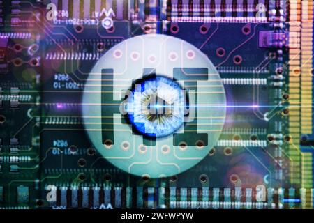 FOTOMONTAGE, Künstliches Auge mit Aufschrift KI liegt auf Computerplatine, Symbolfoto künstliche Intelligenz, Deep Learning *** FOTOMONTAGE, Artificial eye with inscription AI lying on computer board, symbolic photo artificial intelligence, deep learning Stock Photo