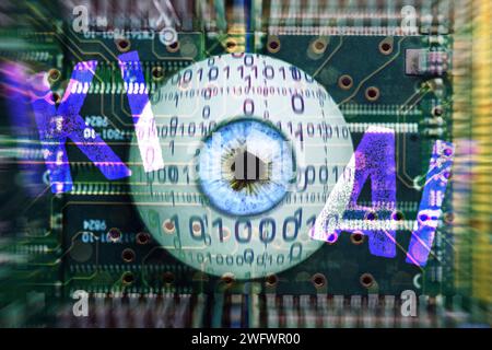 FOTOMONTAGE, Künstliches Auge mit Binärcode liegt auf Computerplatine, Symbolfoto künstliche Intelligenz, Deep Learning *** FOTOMONTAGE, Artificial eye with binary code on computer board, symbol photo artificial intelligence, deep learning Stock Photo