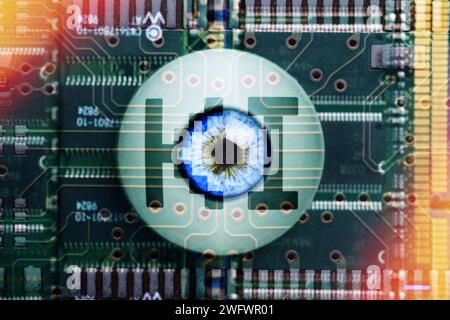 FOTOMONTAGE, Künstliches Auge mit Aufschrift KI liegt auf Computerplatine, Symbolfoto künstliche Intelligenz, Deep Learning *** FOTOMONTAGE, Artificial eye with inscription AI lying on computer board, symbolic photo artificial intelligence, deep learning Stock Photo
