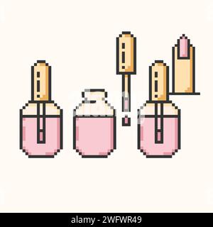 Nail Polish Manicure pixel art Icons.Hand manicure and care simple 8-bit symbols.Simple instructions for using set.Vector illustration EPS 10.  Stock Vector