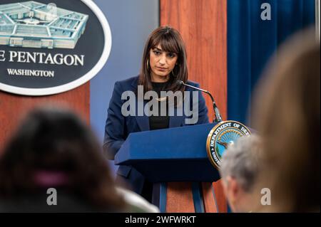 Members of the press address Deputy Pentagon Press Secretary Sabrina Singh during a press briefing at the Pentagon, Washington, D.C., Jan. 29, 2024. Stock Photo