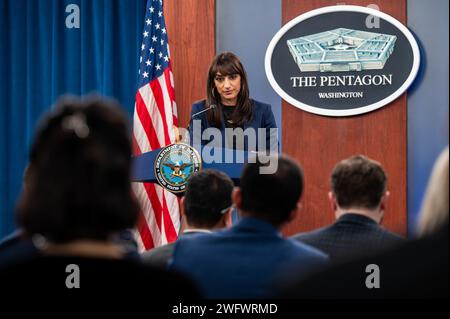 Members of the press address Deputy Pentagon Press Secretary Sabrina Singh during a press briefing at the Pentagon, Washington, D.C., Jan. 29, 2024. Stock Photo