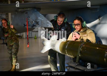 U.S. Air Force Maj. Gen. Derek France, Third Air Force commander, receives instruction from Staff Sgt. Nicole Almario, a maintainer assigned to the 31st Maintenance Squadron, right, on the process of loading munitions, at Aviano Air Base, Italy, Jan. 23, 2024. Responsible for 10 wings with more than 32,000 Airmen across two continents, the Third Air Force plans, executes and assesses a full spectrum of airpower operations across Europe and Africa. Stock Photo