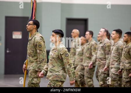 WORCESTER, Mass –During a large ceremony at the DCU Center, here Families, Friends, and leaders gathered on January 23, 2024, to send off the 1st Battalion, 181st Infantry Regiment before their deployment to the Middle East in support of Operation Inherent Resolve. Speakers at the ceremony included Lt. Governor Kim Driscoll, Lieutenant Governor of Massachusetts, Maj. Gen. Gary W. Keefe, Adjutant General of the Massachusetts National Guard, and Lt. Col. Alex Hampton, commander of the 1-181st Infantry Battalion. During the ceremony, Hampton and Command Sgt. Maj. Sean P. Fitzgerald, Command Serge Stock Photo