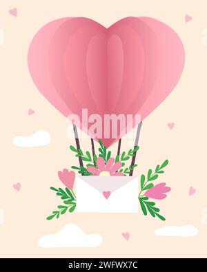 A large pink heart-shaped balloon flies through a peachy sky with clouds and carries an envelope with a declaration of love. Vector Stock Vector