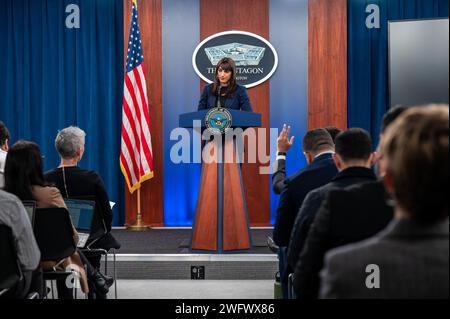 Members of the press address Deputy Pentagon Press Secretary Sabrina Singh during a press briefing at the Pentagon, Washington, D.C., Jan. 29, 2024. Stock Photo