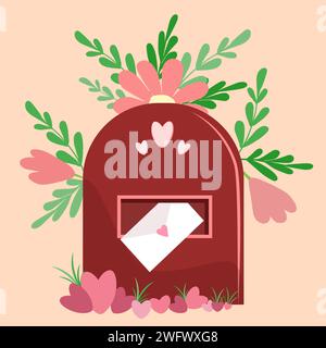 A brown metal mailbox with a Valentine s Day envelope stands in a pile of scattered pink hearts and grass. Flowers and leaves. Vector Stock Vector
