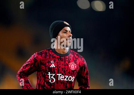 Manchester United's Marcus Rashford warms up ahead of the Premier League match at the Molineux Stadium, Wolverhampton. Picture date: Thursday February 1, 2024. Stock Photo