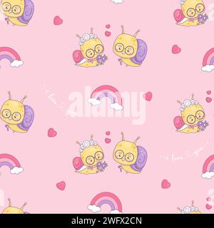 Seamless romantic pattern with loving couple elderly snails. Funny grandparents insects kawaii characters on pink background with hearts and rainbow. Stock Vector