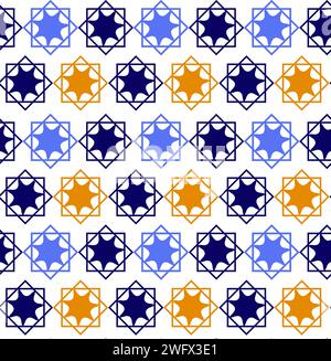 Eastern pattern. Trendy symmetrical design with geometric objects in yellow, blue and dark blue colors. Wallpaper design Stock Photo