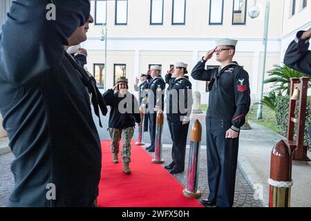 NAPLES, Italy (Jan. 22, 2024) - Chief of Naval Operations Adm. Lisa Franchetti arrives at the U.S. Naval Forces Europe-Africa Headquarters in Naples, Italy, for a fleet visit, Jan. 22. Franchetti and Master Chief Petty Officer of the Navy James Honea traveled to Italy to meet with Sailors and communicate the CNO’s strategic priorities of warfighting, warfighters and the foundation that supports them with the fleet. Stock Photo