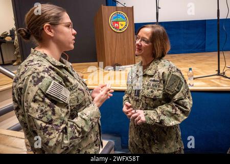 NAPLES, Italy (Jan. 22, 2024) - Chief of Naval Operations Adm. Lisa Franchetti meets with Sailors assigned to U.S. Naval Forces Europe-Africa at the Headquarters in Naples, Italy, Jan. 22. Franchetti and Master Chief Petty Officer of the Navy James Honea traveled to Italy to meet with Sailors and communicate the CNO’s strategic priorities of warfighting, warfighters and the foundation that supports them with the fleet. Stock Photo