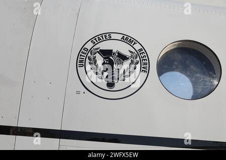 A C-12 Huron airplane assigned to Detachment 1, Company B, 1st Battalion, 228th Aviation Regiment, U.S. Army Reserve, Fort Novosel, Alabama, is parked at Cairns Army Airfield Jan. 31, 2024. Stock Photo