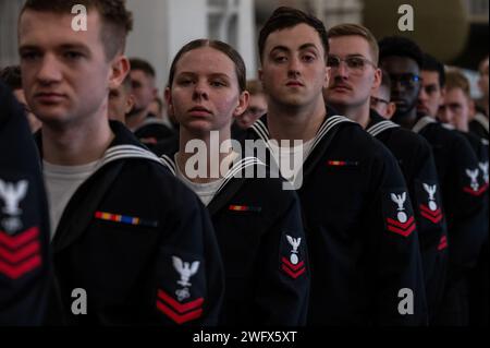 U.S. Navy’s Nuclear Power Training Unit - Charleston students prepare to graduate during a ceremony aboard USS Yorktown (CV 10) at the Patriots Point Naval and Maritime Museum in Mt. Pleasant, South Carolina, Jan. 12, 2024. The Nuclear Power Training Unit is a technical school that trains officers, enlisted Sailors and civilians for shipboard nuclear power plant operation and maintenance of surface ships and submarines. Stock Photo