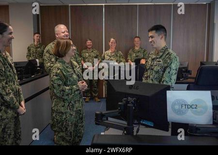 NAPLES, Italy (Jan. 22, 2024) - Chief of Naval Operations Adm. Lisa Franchetti and Master Chief Petty Officer of the Navy James Honea meet with Sailors during a tour of the Maritime Operations Center (MOC) at the U.S. Naval Forces Europe-Africa Headquarters in Naples, Italy, Jan. 22. Franchetti and Honea traveled to Italy to meet with Sailors and communicate the CNO’s strategic priorities of warfighting, warfighters and the foundation that supports them with the fleet. Stock Photo