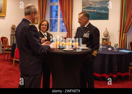 PARIS (Jan. 25, 2024) - Adm. Enrico Credendino, Chief of the Italian Navy, Chief of Naval Operations Adm. Lisa Franchetti and Chief of the French Navy Adm. Nicolas Vaujour, met at the L'École militaire prior to the Paris Naval Conference, Jan. 25. The conference, jointly hosted by the French Navy and the French Institute of International Relations, was themed “The Evolving Role of the Carrier Strike Group,” and featured Franchetti, Vaujour, Credendino, Royal Navy Adm. Sir Ben Key, First Sea Lord and Chief of the Naval Staff of the United Kingdom, Chief of the Italian Navy, and Vice-Admiral Raj Stock Photo