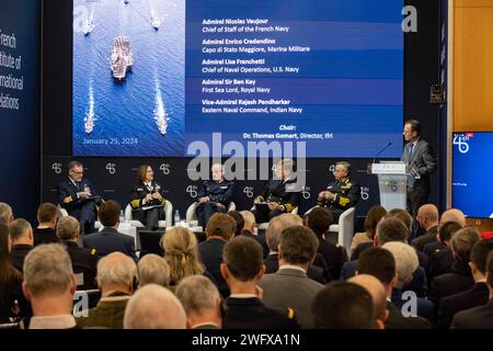 PARIS (Jan. 25, 2024) - Adm. Enrico Credendino, Chief of the Italian Navy; Chief of Naval Operations Adm. Lisa Franchetti; Chief of the French Navy Adm. Nicolas Vaujour; Royal Navy First Sea Lord and Chief of the Naval Staff of the United Kingdom Adm. Sir Ben Key, and Vice-Admiral Rajesh Pendharkar, Flag Officer Commanding-in-Chief Eastern Naval Command, Indian Navy, discuss “Future Challenges and Perspectives for Navies” during the Paris Naval Conference, Jan. 25. During the panel, Franchetti emphasized the value of planning, exercising and operating together to enhance interoperability betwe Stock Photo