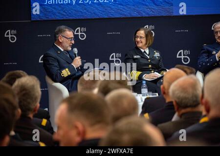 PARIS (Jan. 25, 2024) - Adm. Enrico Credendino, Chief of the Italian Navy; Chief of Naval Operations Adm. Lisa Franchetti; Chief of the French Navy Adm. Nicolas Vaujour; Royal Navy First Sea Lord and Chief of the Naval Staff of the United Kingdom Adm. Sir Ben Key, and Vice-Admiral Rajesh Pendharkar, Flag Officer Commanding-in-Chief Eastern Naval Command, Indian Navy, discuss “Future Challenges and Perspectives for Navies” during the Paris Naval Conference, Jan. 25. During the panel, Franchetti emphasized the value of planning, exercising and operating together to enhance interoperability betwe Stock Photo