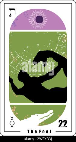 Egyptian tarot card number twenty-two, called The Fool. Symbols Mercury in Pisces, an eclipse and a crocodile. Stock Vector
