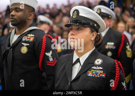 Chief Gas Turbine Systems Technician Mechanical Manuela Thompson stands at attention during U.S. Navy Recruit Training Command's Pass in Review in Great Lakes, Illinois, Jan. 4, 2024. Boot camp is approximately 10 weeks and all enlistees into the U.S. Navy begin their careers at the command. More than 40,000 recruits train annually at the Navy's only boot camp. Stock Photo