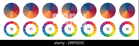 Circle  shape divided into colorful segments, version with 10 to 16 parts, can be used as infographics element Stock Vector