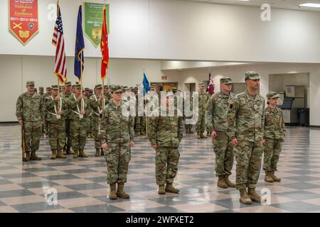 Pennsylvania Army National Guard Soldiers assigned to the 166th Regiment - Regional Training Institute stand in formation during the regiment's change of command ceremony at Fort Indiantown Gap, Annville, Pa. Jan 19, 2024. Stock Photo