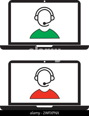 Red and green customer service icons in laptop screens Stock Vector