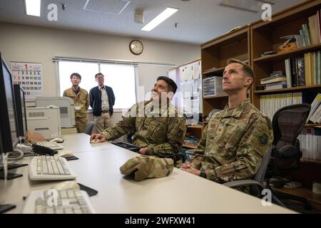 U.S. Air Force Tech Sgt. Enrique Flores, 35th Civil Engineering Squadron electrical systems noncommissioned officer in charge, explains Supervisory Control and Data Acquisition (SCADA) to Col. Michael Richard, 35th Fighter Wing commander during a Wild Weasel Walk-through at Misawa Air Base, Japan, Jan. 4, 2024. The SCADA systems are used for controlling, monitoring and analyzing industrial devices and processes. Stock Photo