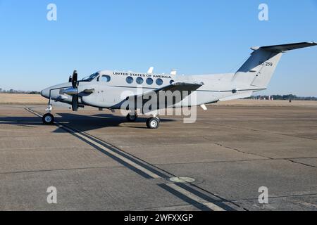 A C-12 Huron airplane assigned to Detachment 1, Company B, 1st Battalion, 228th Aviation Regiment, U.S. Army Reserve, Fort Novosel, Alabama, is parked at Cairns Army Airfield Jan. 31, 2024. Stock Photo