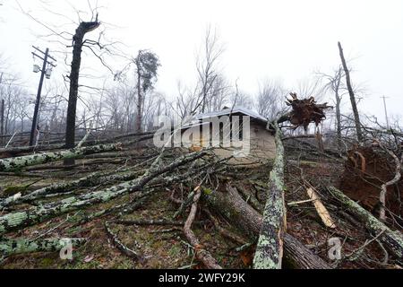 Debris is strewn around and on top of a restroom facility at Rockland Recreation Area Jan. 25, 2024, from when a tornado struck the area Dec. 9, 2023. The recreation area is on the shoreline of Old Hickory Lake in Hendersonville, Tennessee. The U.S. Army Corps of Engineers Nashville District is assessing the damage and working to determine the necessary repair and rebuilding actions that will be required to restore and reopen the area. Stock Photo