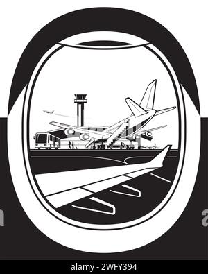 View to airport from window of aircraft – vector illustration Stock Vector