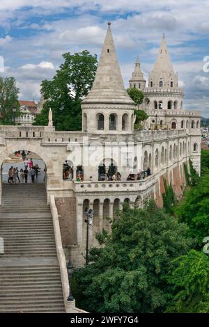 Budapest, HU – June 11, 2023 Vertical view Neo-Romanesque lookout terraces of Fisherman's Bastion, one of the best known monuments in Budapest, locate Stock Photo