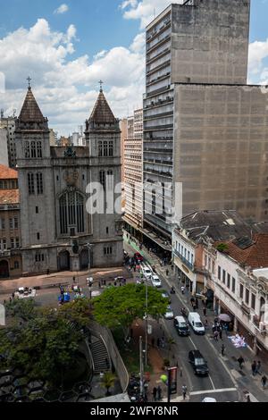 Partial view of Mosteiro de Sao Bento monastery and Sao Bento building located in Centro district historical center under summer afternoon sunny day. Stock Photo