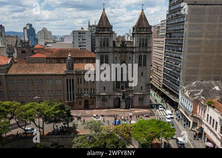 Aerial facade view of Mosteiro de Sao Bento monastery located at Sao Bento square in Centro district historical center under summer sunny day. Stock Photo