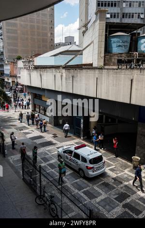 Northeast end view of Sao Bento pedestrian only street at Sao Bento condominium and Sao Bento Metro station (Line 1 blue) building in a sunny day. Stock Photo