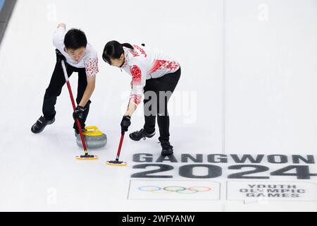 Gangneung Curling Centre, Gangneung, South Korea. 23rd Jan, 2024. (L-R) Koei Sato (JPN), Satsuki Maruzeni (JPN), JANUARY 23, 2024 - Curling : Mixed Team Round Robin Group A between Japan - Turkey during the Gangwon 2024 Winter Youth Olympic Games at Gangneung Curling Centre, Gangneung, South Korea. Credit: AFLO SPORT/Alamy Live News Stock Photo