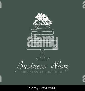 White Cake Outline Logo for Bakery in Minimal Style on Dark Green Background Stock Vector