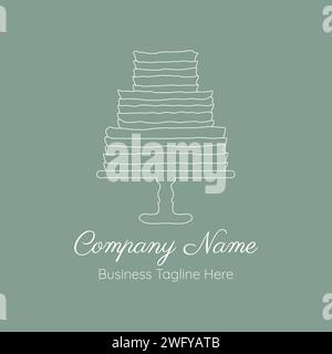 Elegant Cake Outline Logo for Bakery in Minimal Modern Style on Light Green Background Stock Vector