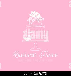 Pink Cake Outline Logo for Bakery in Minimal Clean Style with Flowers Stock Vector