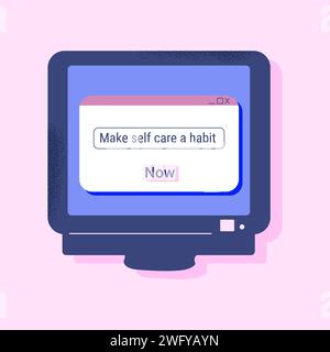 Hand drawn motivational card Make self care a habit. Retro computer vector design with texture. Stock Vector