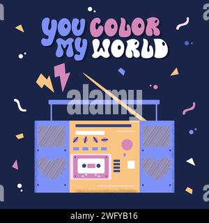 Colourful card with retro record player. You color my world. Hand drawn vector valentine design. Stock Vector