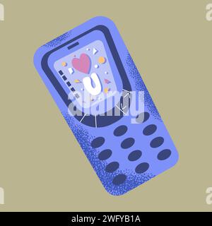 Retro mobile phone with love message. Hand drawn vector design with texture Stock Vector